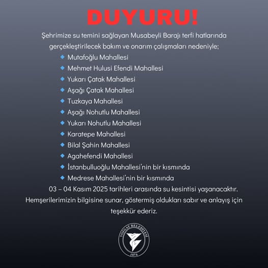 Su Kesintisi Yapılacak Mahalleler