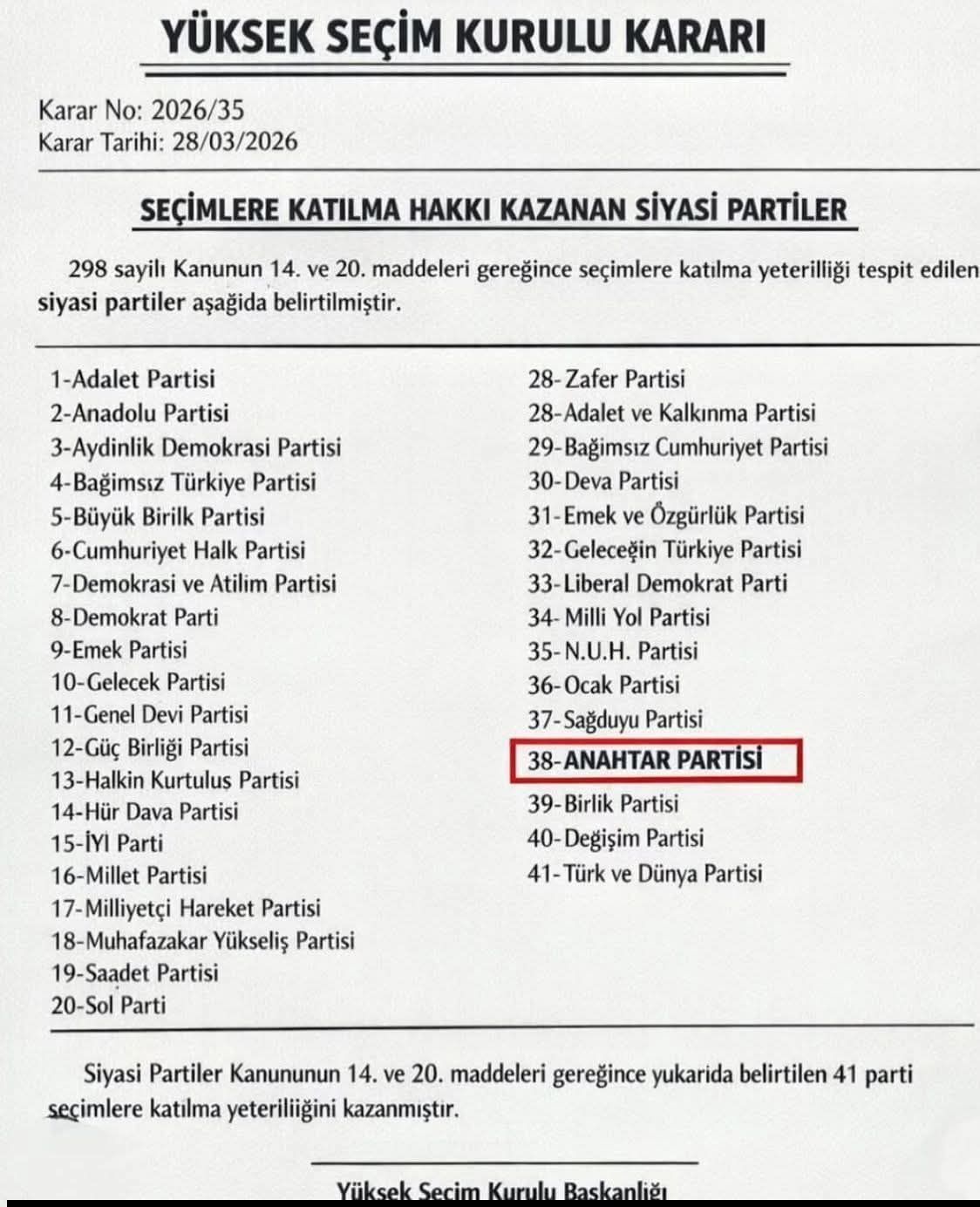 YSK Açıkladı: Seçimlere 41 Parti Katılacak, Anahtar Parti de Listede